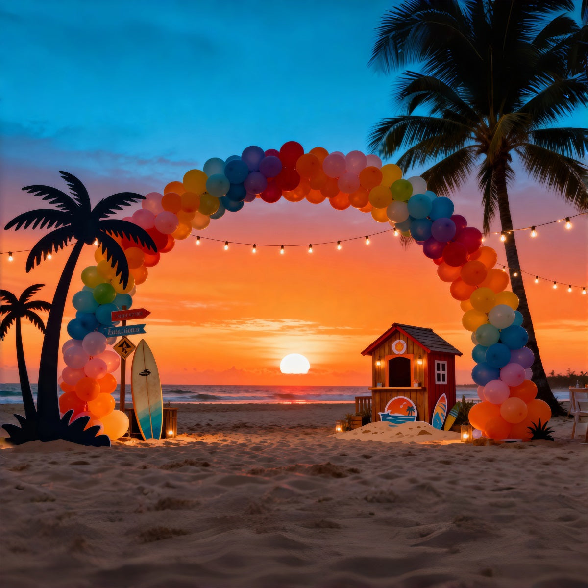 Strand-Sonnenuntergang-Hintergrund Ballonbogen Palmen Sommer-Themenhintergrund RR61-8