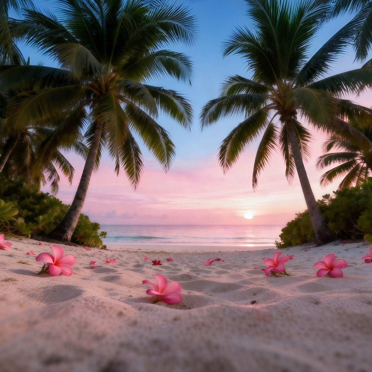 Strand-Hintergrund für Fotografie Sonnenuntergang Plumeria-Blüten Sommer-Fotohintergrund RR61-9