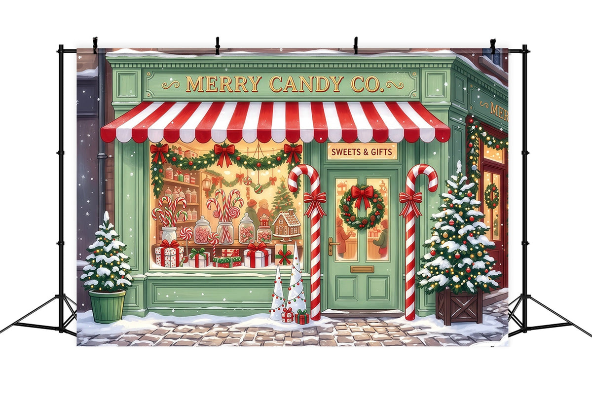 Weihnachtlicher Zuckerstangen-Hintergrund Mintgrüne Süßwarenladen-Fassade RR610-100