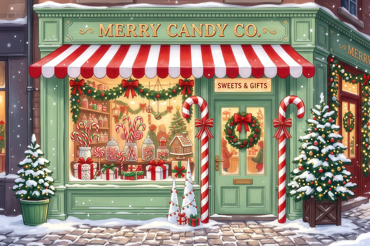 Weihnachtlicher Zuckerstangen-Hintergrund Mintgrüne Süßwarenladen-Fassade RR610-100