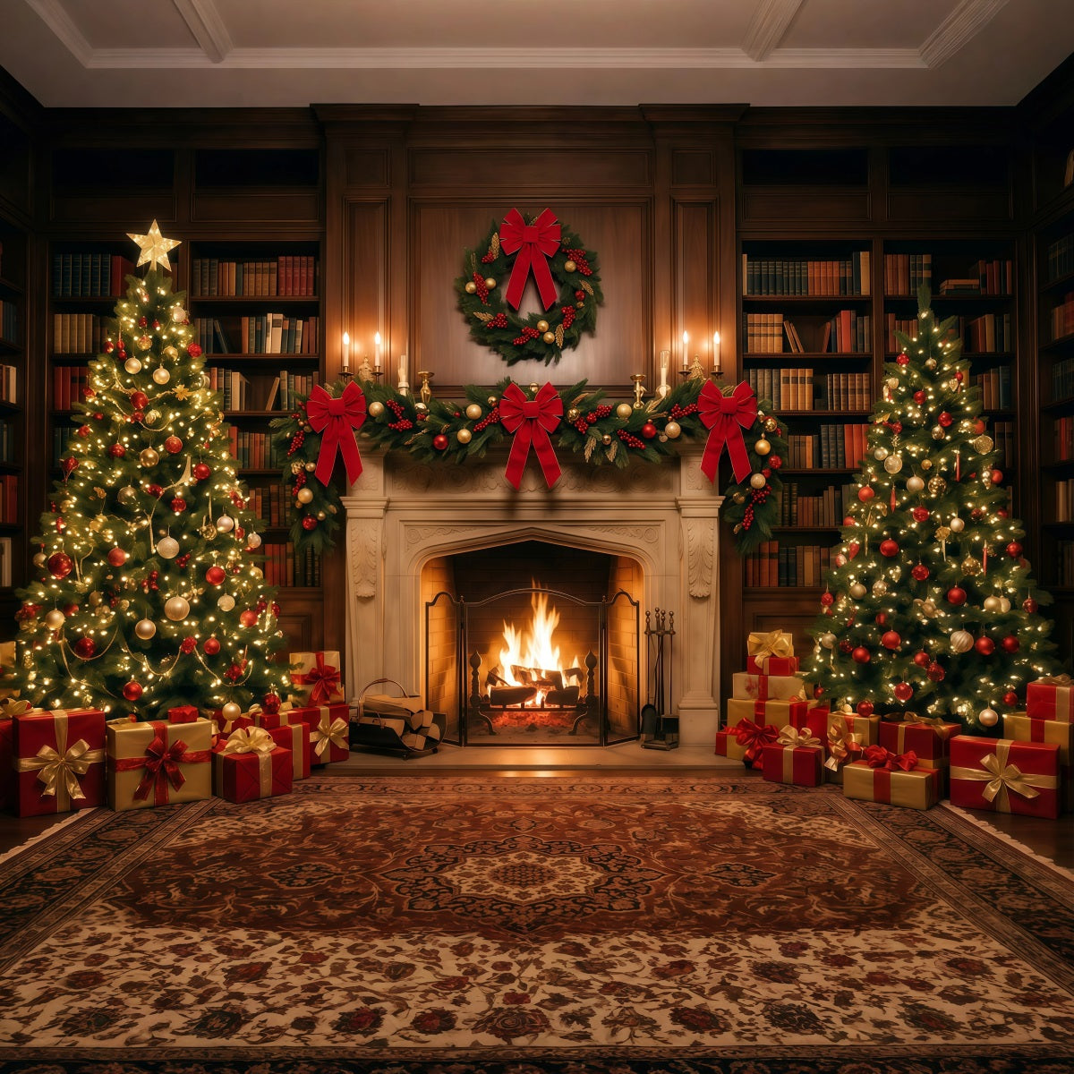 Weihnachtlicher Fotohintergrund Verzierte Bibliothek Kamin-Dekoration RR610-101