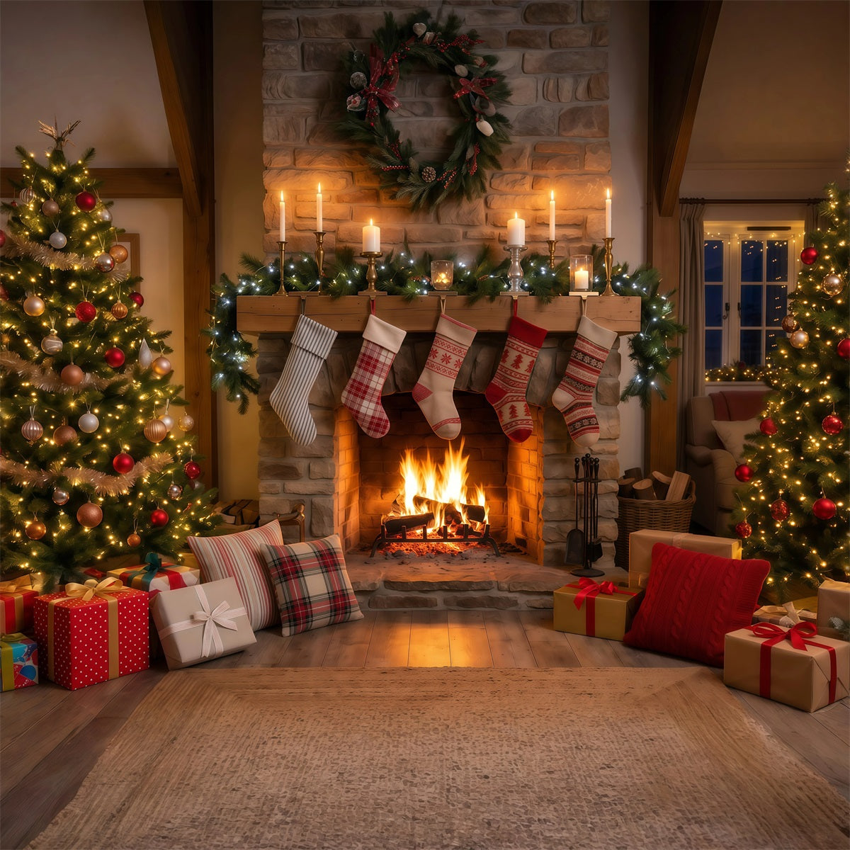 Weihnachtskamin-Hintergrund Rustikale Hängende Weihnachtssocken RR610-104