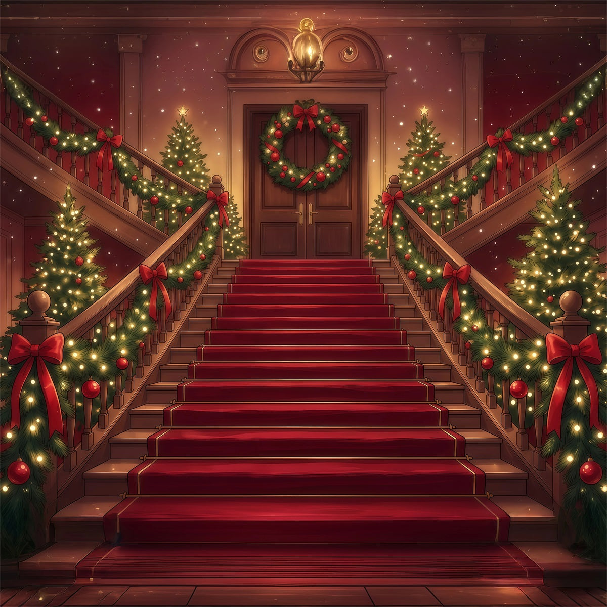 Weihnachtlicher Szenenhintergrund Große Treppe Mit Girlanden RR610-105