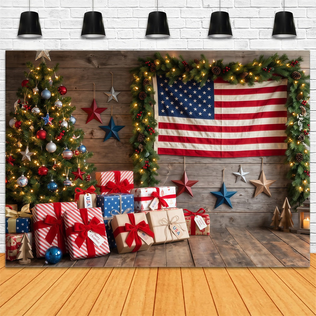 Ländlicher Weihnachtshintergrund Patriotische Flagge Geschenke Weihnachtsbaum RR610-118