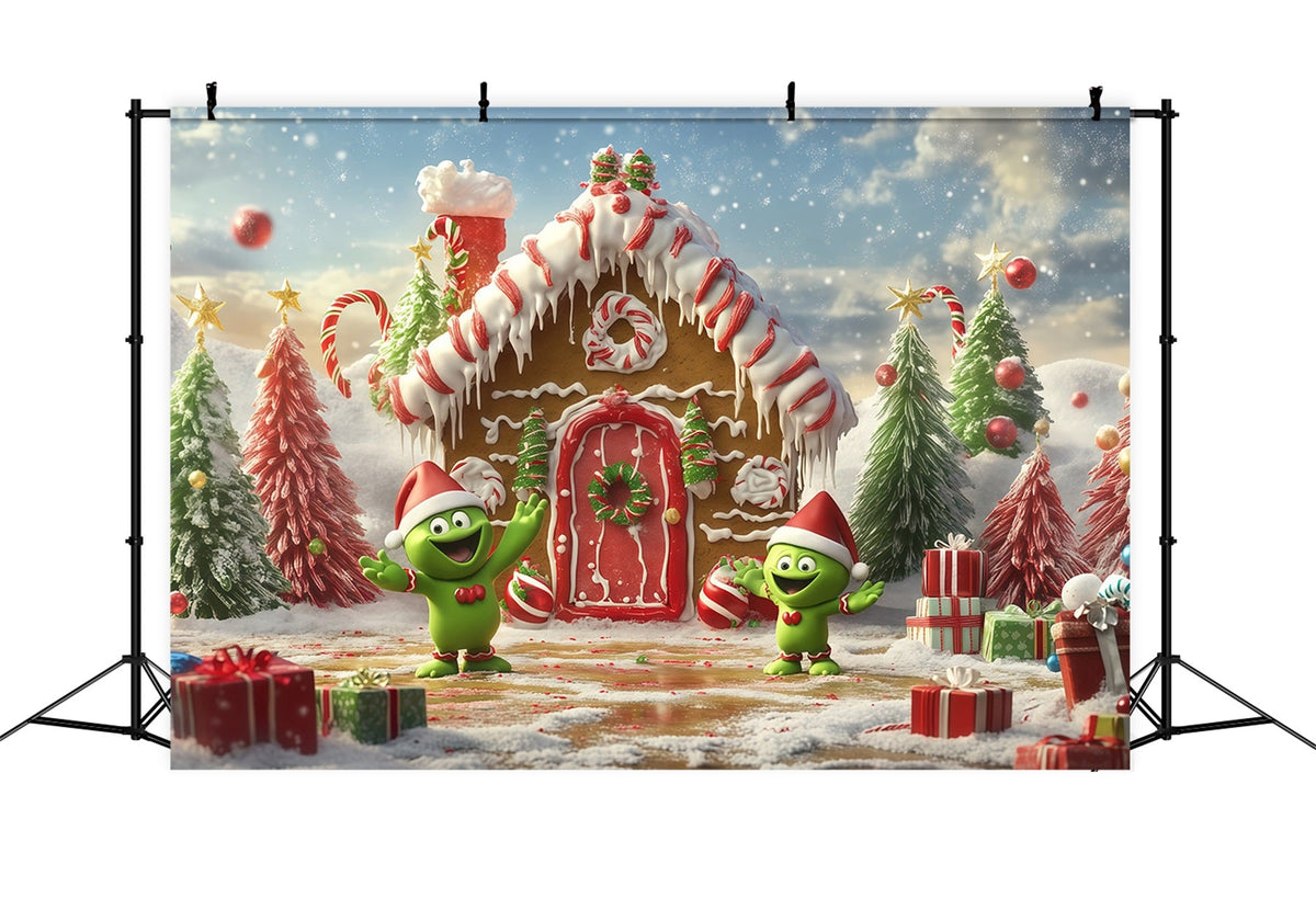 Grinch-Hintergrund Lebkuchenhäuschen Süßigkeitenfiguren RR610-120
