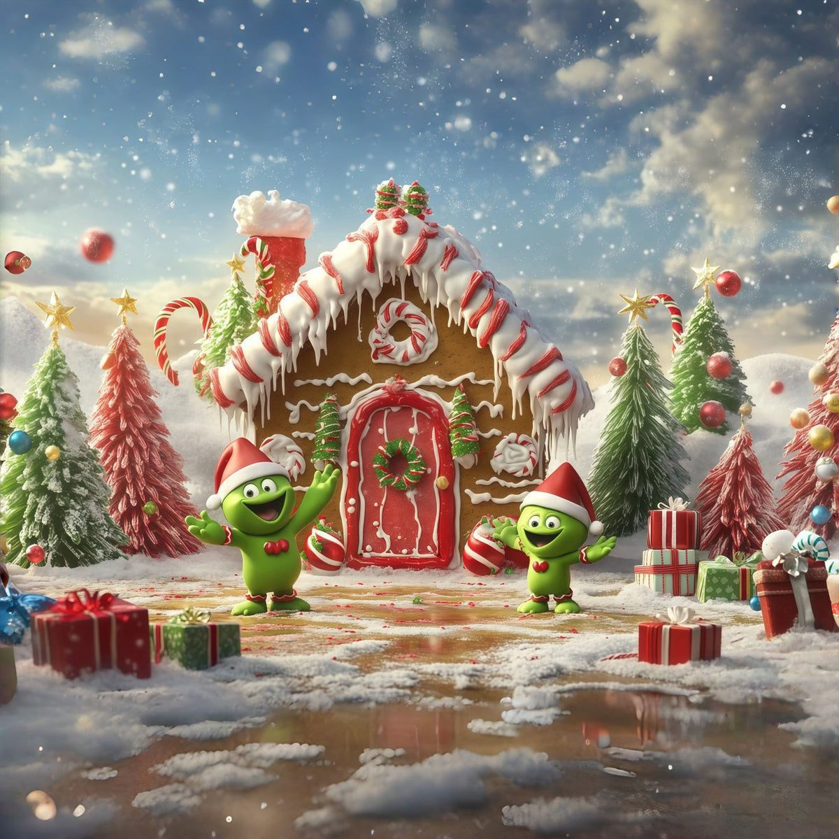Grinch-Hintergrund Lebkuchenhäuschen Süßigkeitenfiguren RR610-120
