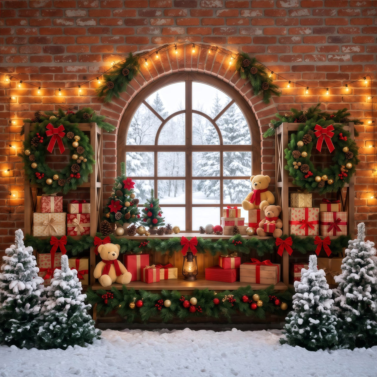 Weihnachtsfenster-Hintergrund Festliches Zimmer Kranzdekoration RR610-124