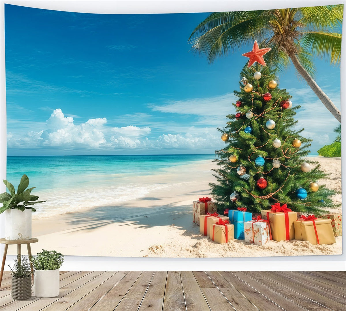 Weihnachtsbaum-Hintergrund Tropischer Strand Geschmückter Baum RR610-130