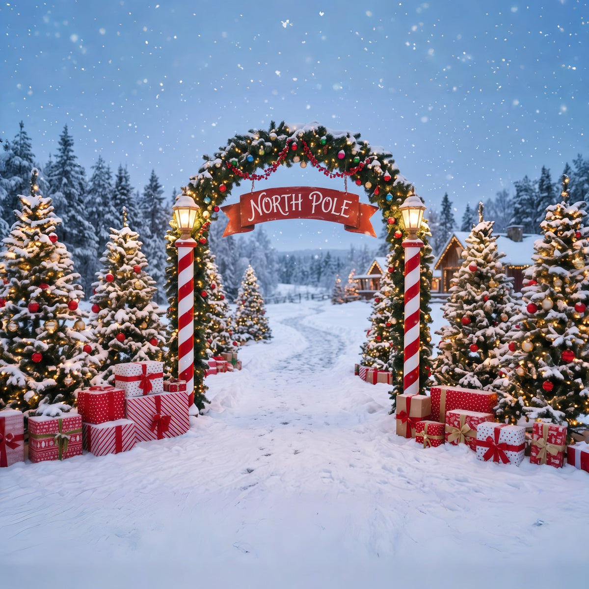 Nordpol-Fotohintergrund Verschneiter Dorfeingang Professionelle Weihnachtsfotografie RR610-141