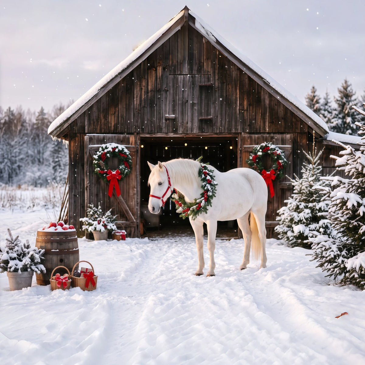 Western Weihnachtshintergrund Weißes Pferd Festliche Scheune RR610-143