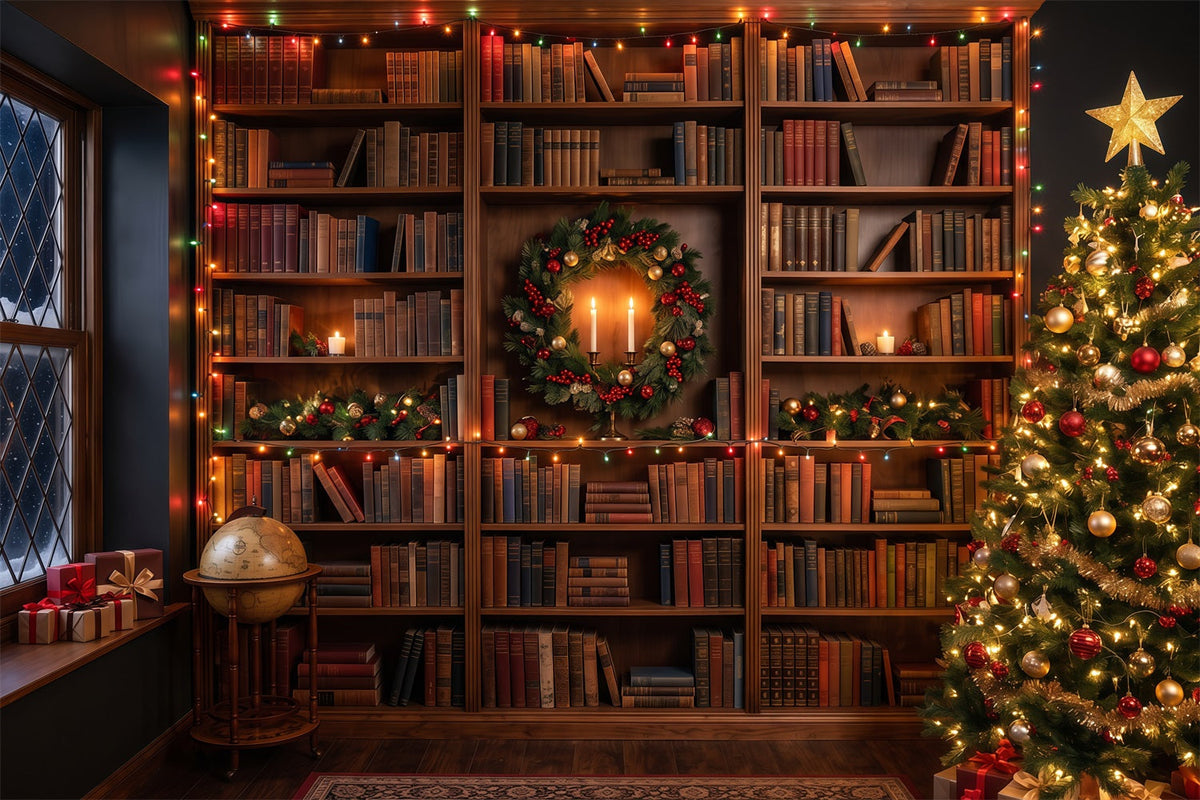Viktorianischer Weihnachtshintergrund Festliche Bibliothek Leuchtende Bücherregale RR610-149