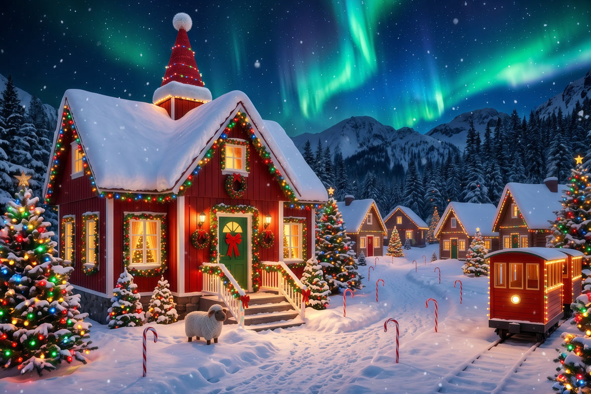 Weihnachtlicher Elfen Hintergrund Polarlicht Verschneites Dorf Lichter RR610-153