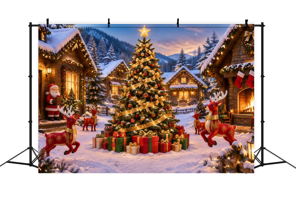 Retro Weihnachtshintergrund Goldene Schleife Verschneites Rentierdorf RR610-156