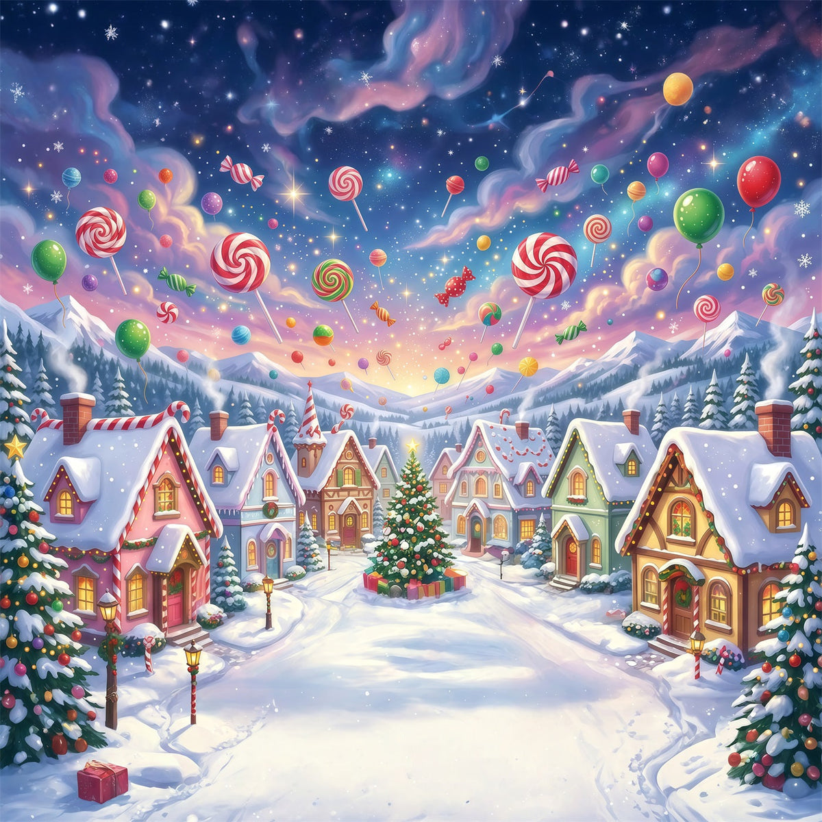 Weihnachtlicher Süßigkeitenland Hintergrund Lutscher Winterdorf RR610-157