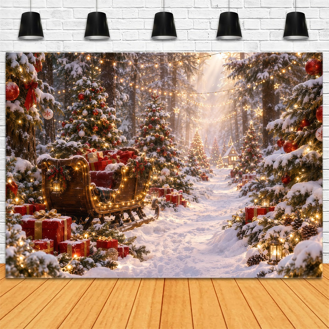 Weihnachtsbaum Hintergrund Leuchtender Schlitten Verschneiter Wald RR610-172