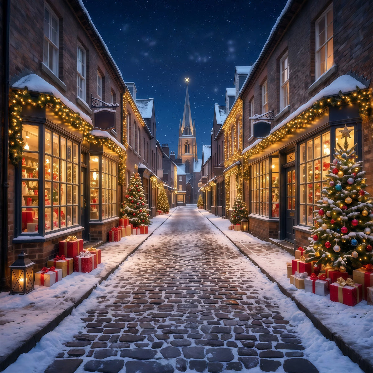 Weihnachtsdorf Hintergrund Verschneite Beleuchtete Einkaufsstraße RR610-180