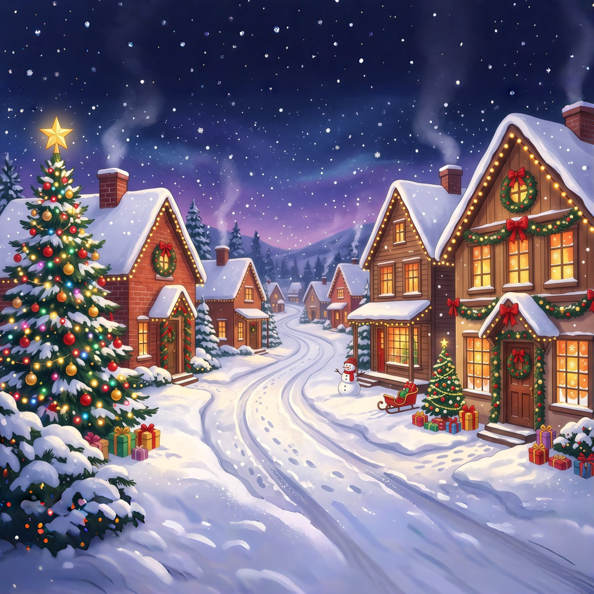 Weihnachtsdorf Hintergrund Verschneite Häuser Beleuchtete Straße RR610-24