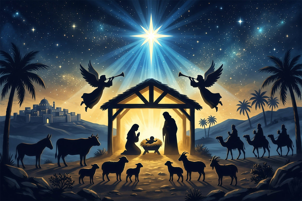 Kirchlicher Weihnachtshintergrund Strahlender Krippenstern Versammlung RR610-25