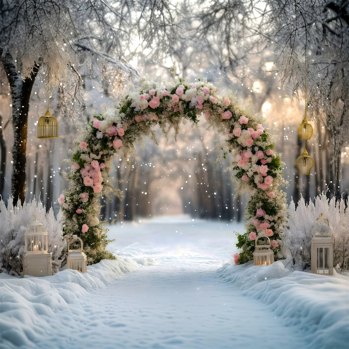 Weihnachtlicher Hintergrund Rosa Rosen Verschneiter Bogen RR610-30