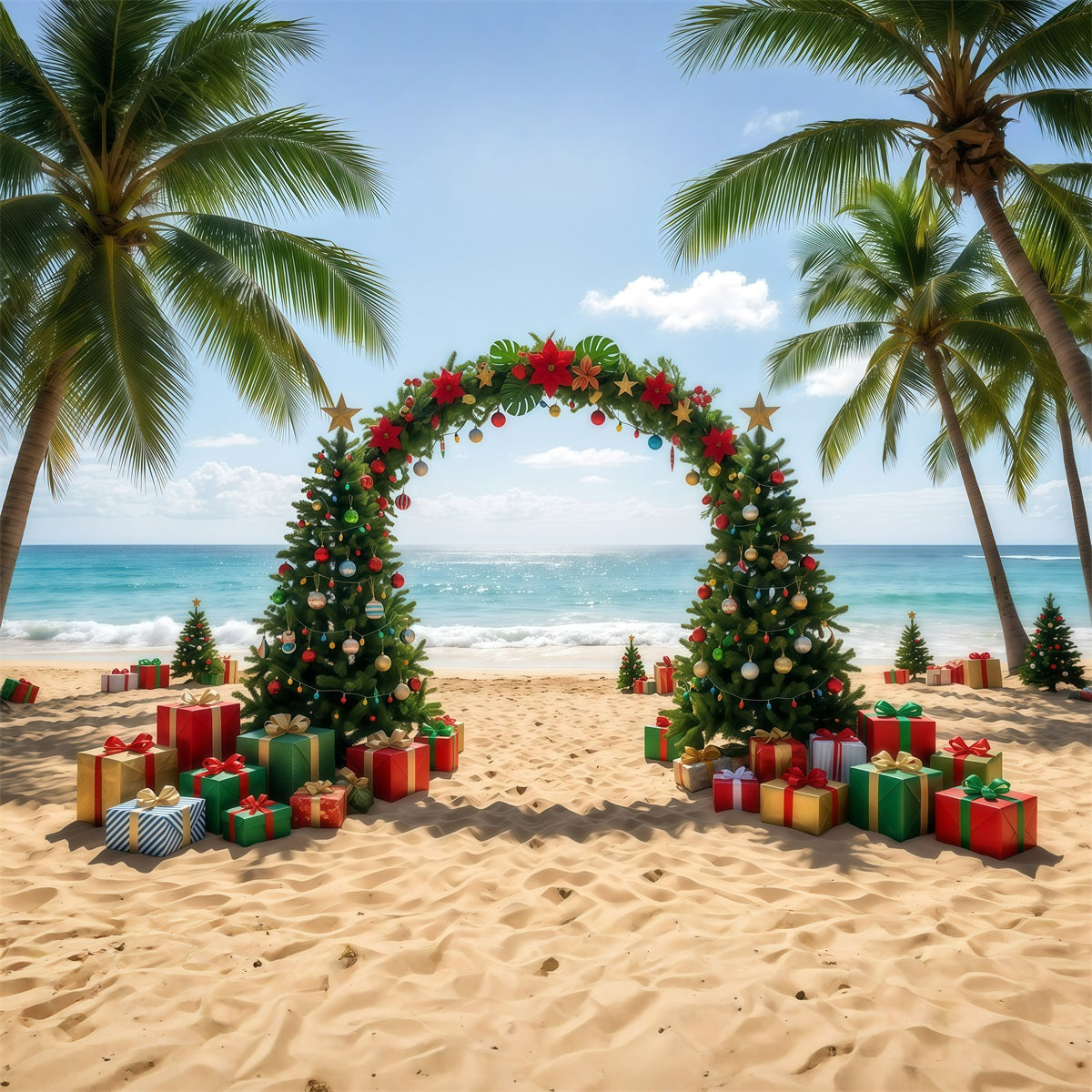 Tropischer Weihnachtshintergrund Strand Meer Weihnachtsbaum Bogen RR610-35
