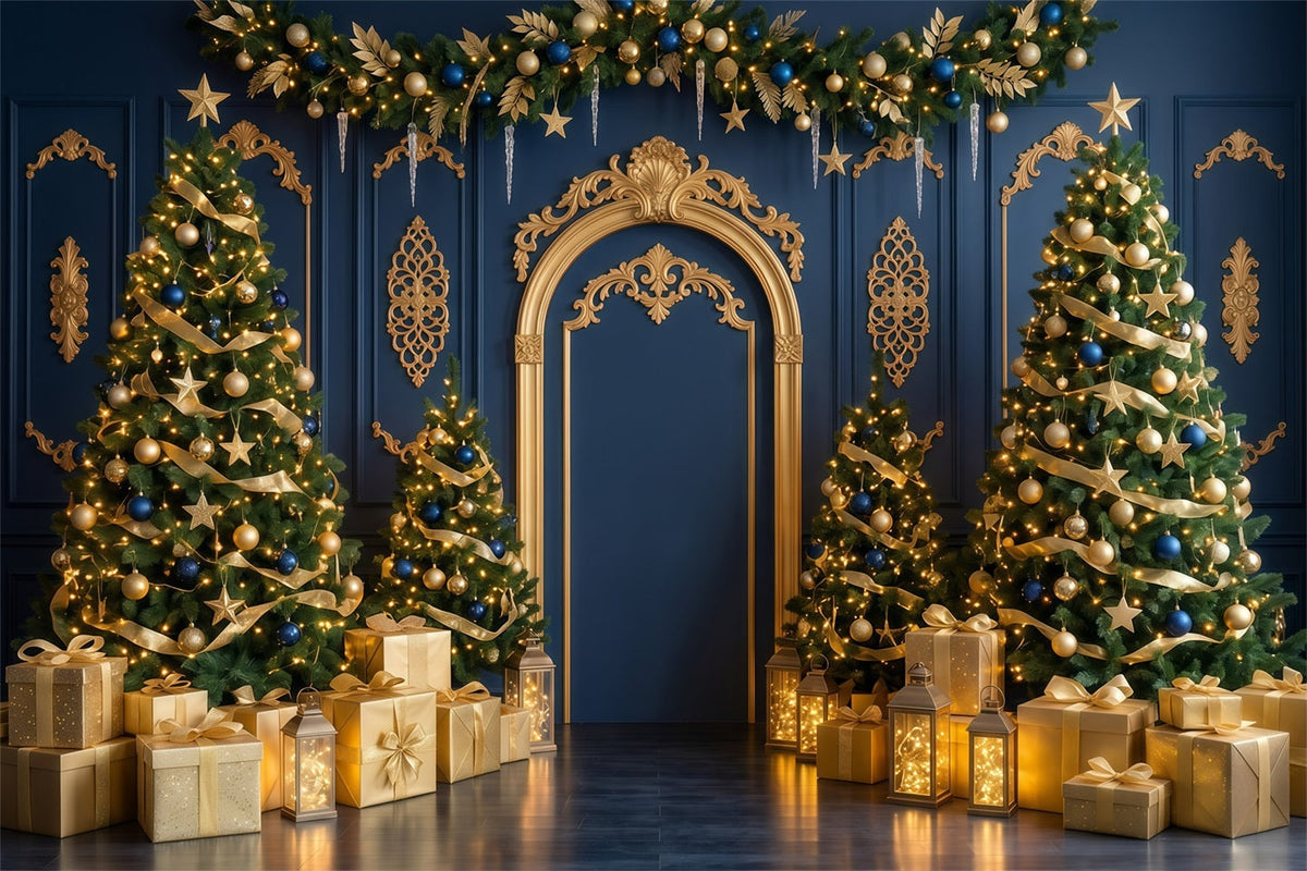 Hochwertiger Weihnachtshintergrund Marineblauer Goldener Torbogen RR610-43