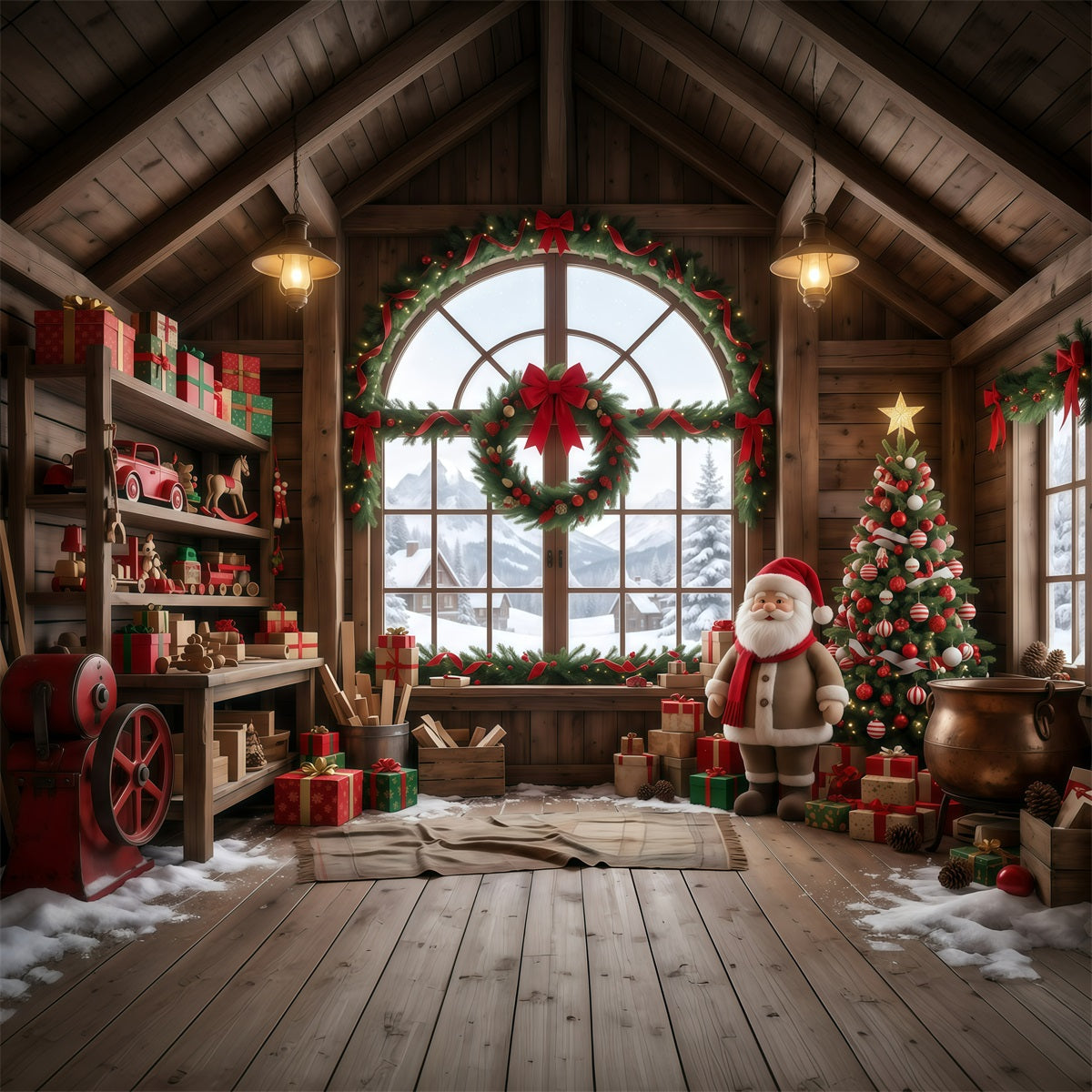 Santa Werkstatt Fotohintergrund Rustikaler Holzspielzeugraum RR610-5