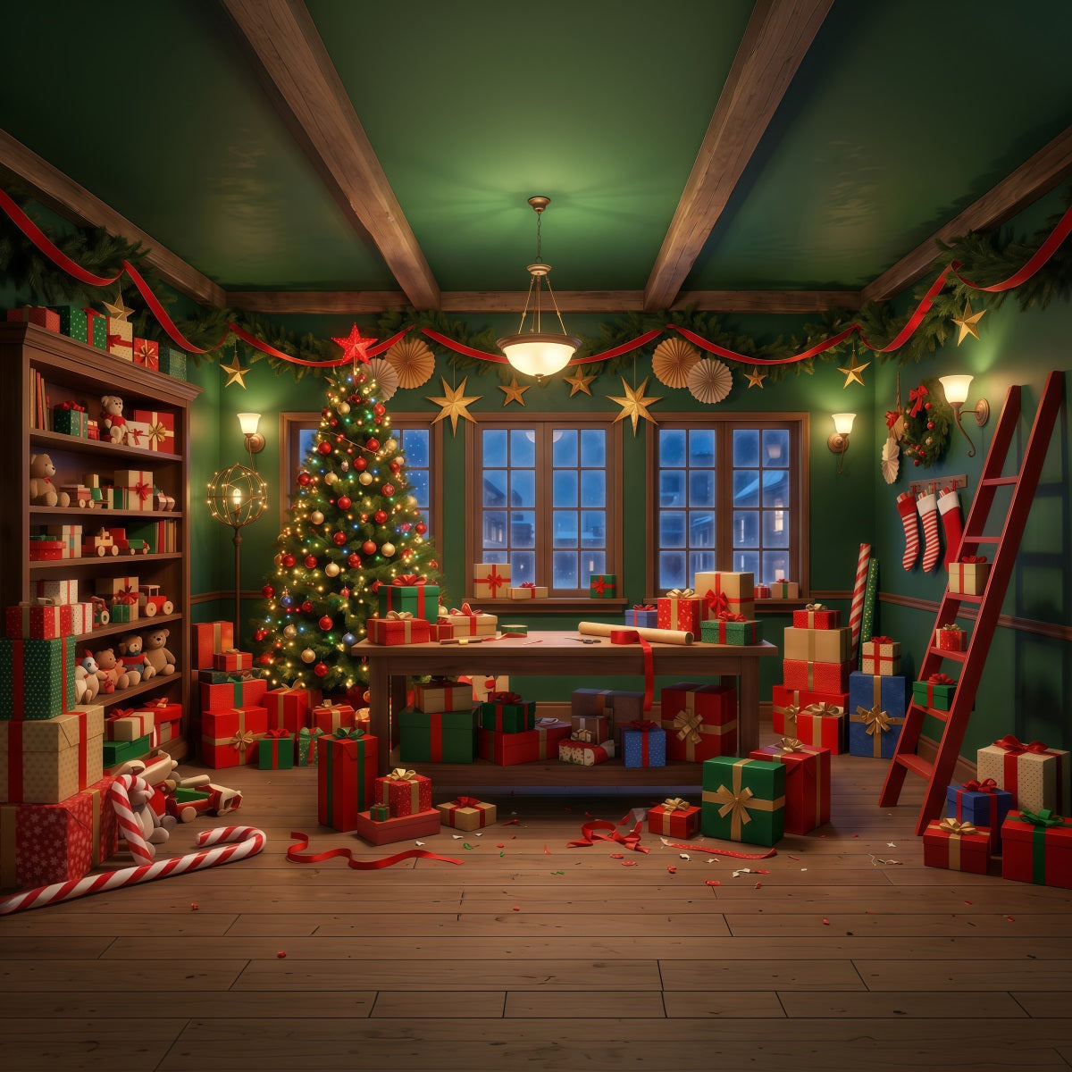 Santa-Hintergrund Festliche Grüne Geschenkewerkstatt RR610-52