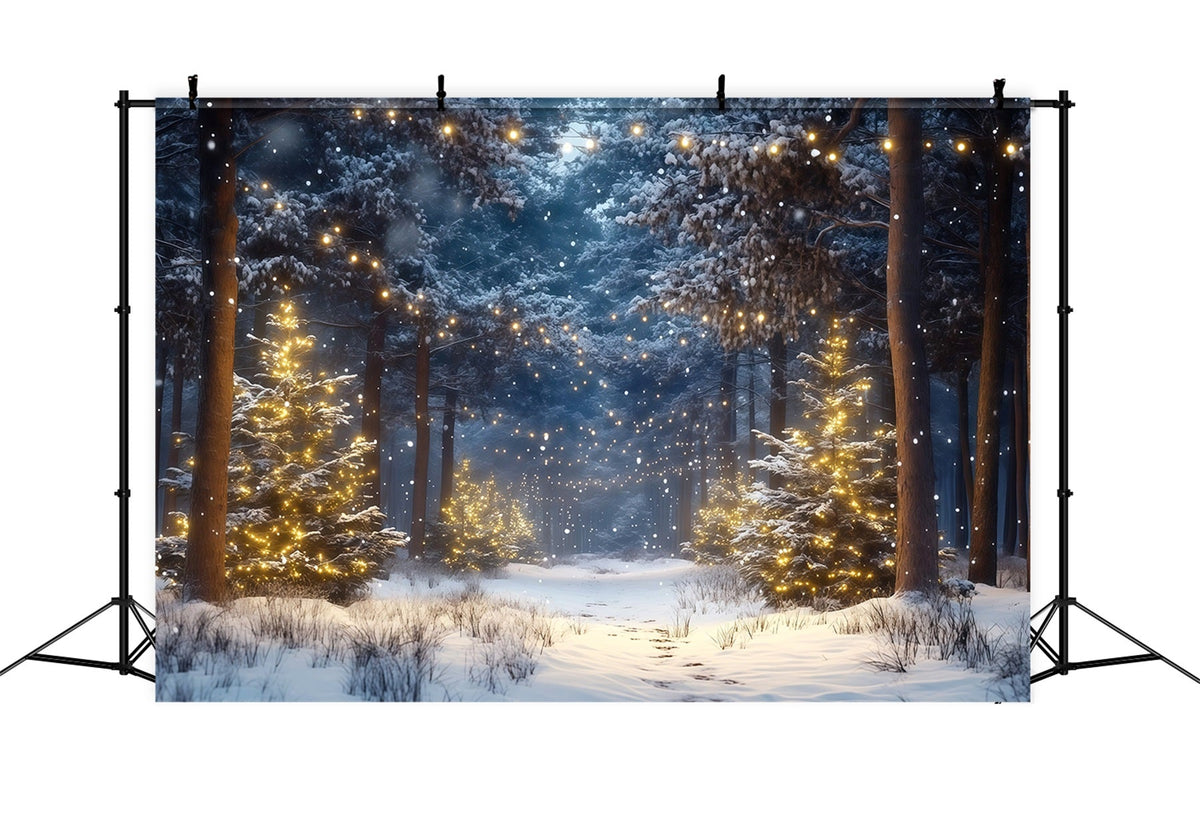 Weihnachtsbaumfarm-Hintergrund Verschneiter Wald Goldene Lichter RR610-66