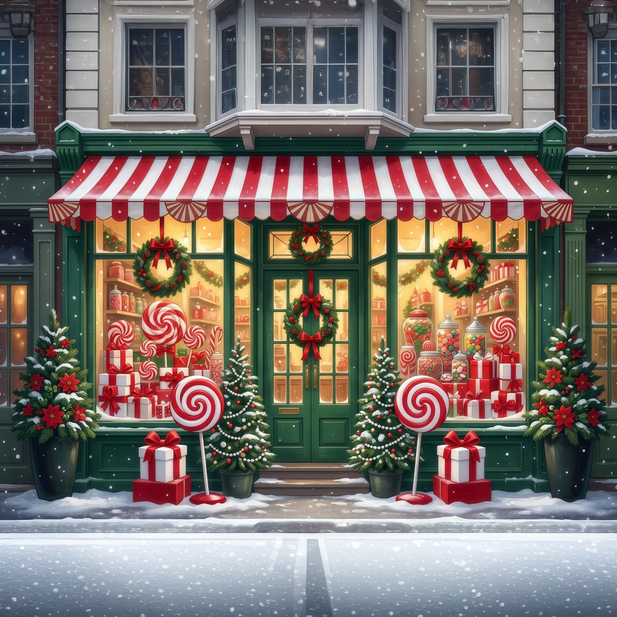 Weihnachtlicher Zuckerstangen-Hintergrund Lutscher Süßwarenladen-Fassade RR610-70