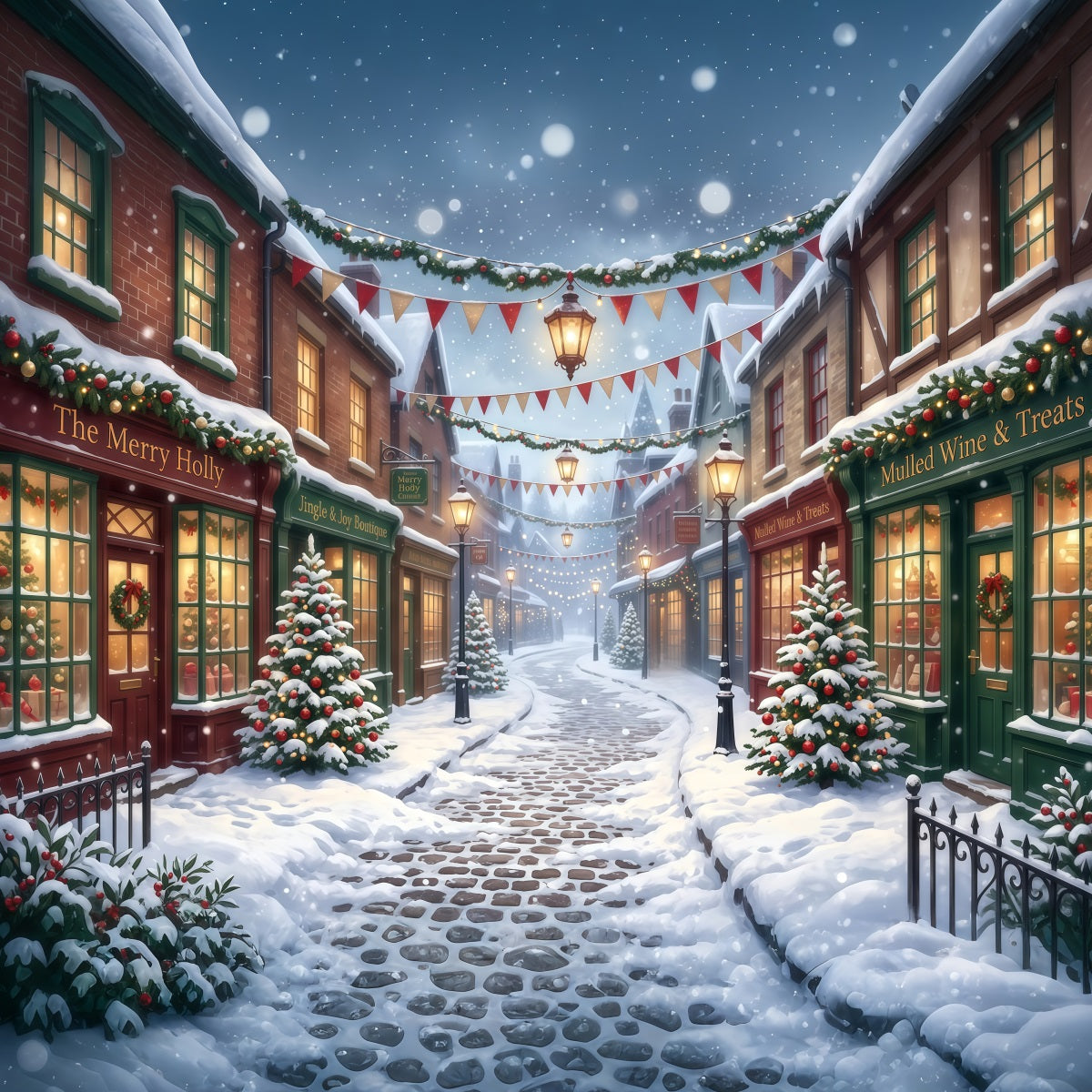 Weihnachtsdorf-Hintergrund Verschneite Einkaufsstraße RR610-73