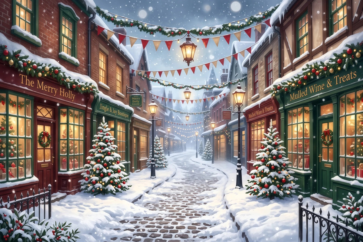 Weihnachtsdorf-Hintergrund Verschneite Einkaufsstraße RR610-73