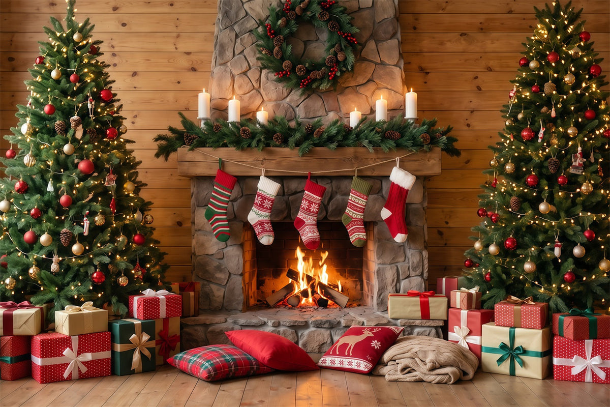 Weihnachtskamin-Hintergrund Rustikaler Steinkamin Weihnachtssocken RR610-74