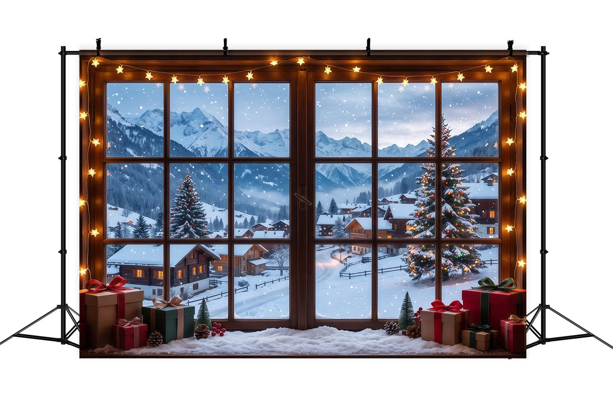 Winterlicher Weihnachtshintergrund Verschneites Alpenhüttenfenster RR610-77