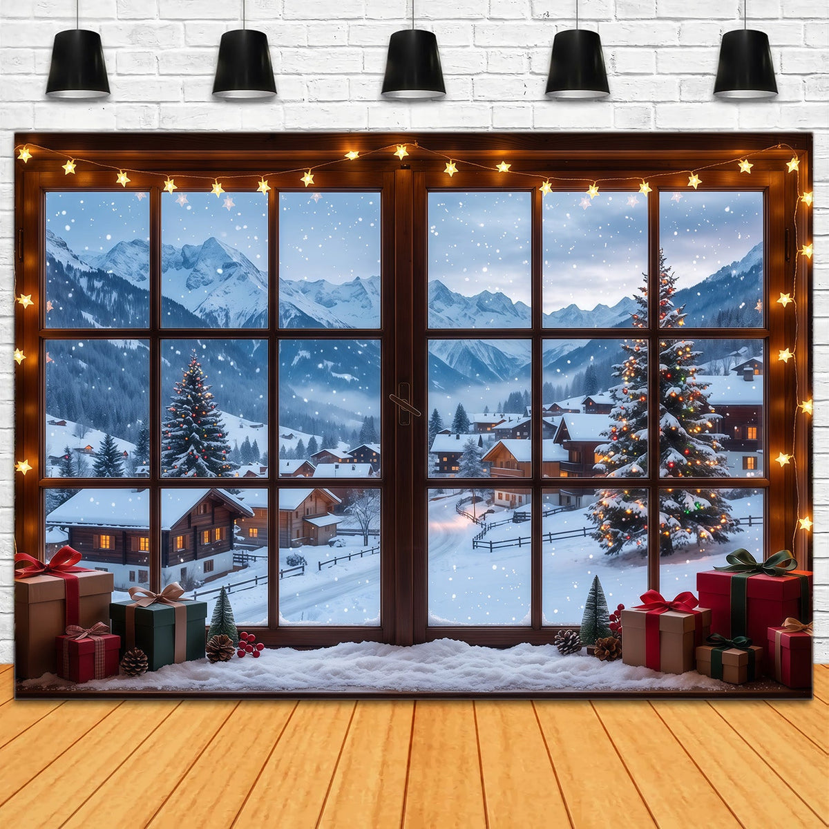 Winterlicher Weihnachtshintergrund Verschneites Alpenhüttenfenster RR610-77