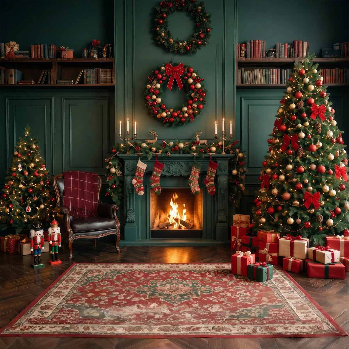 Weihnachtskamin-Hintergrund Smaragdgrüne Weihnachtssocken-Dekoration RR610-80