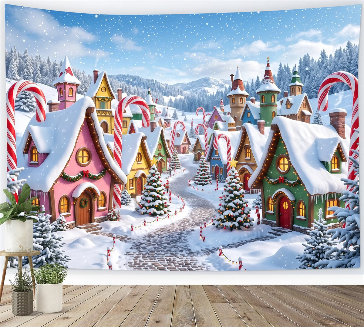 Weihnachtsdorf-Hintergrund Verschneites Zuckerstangenhäuschen RR610-81