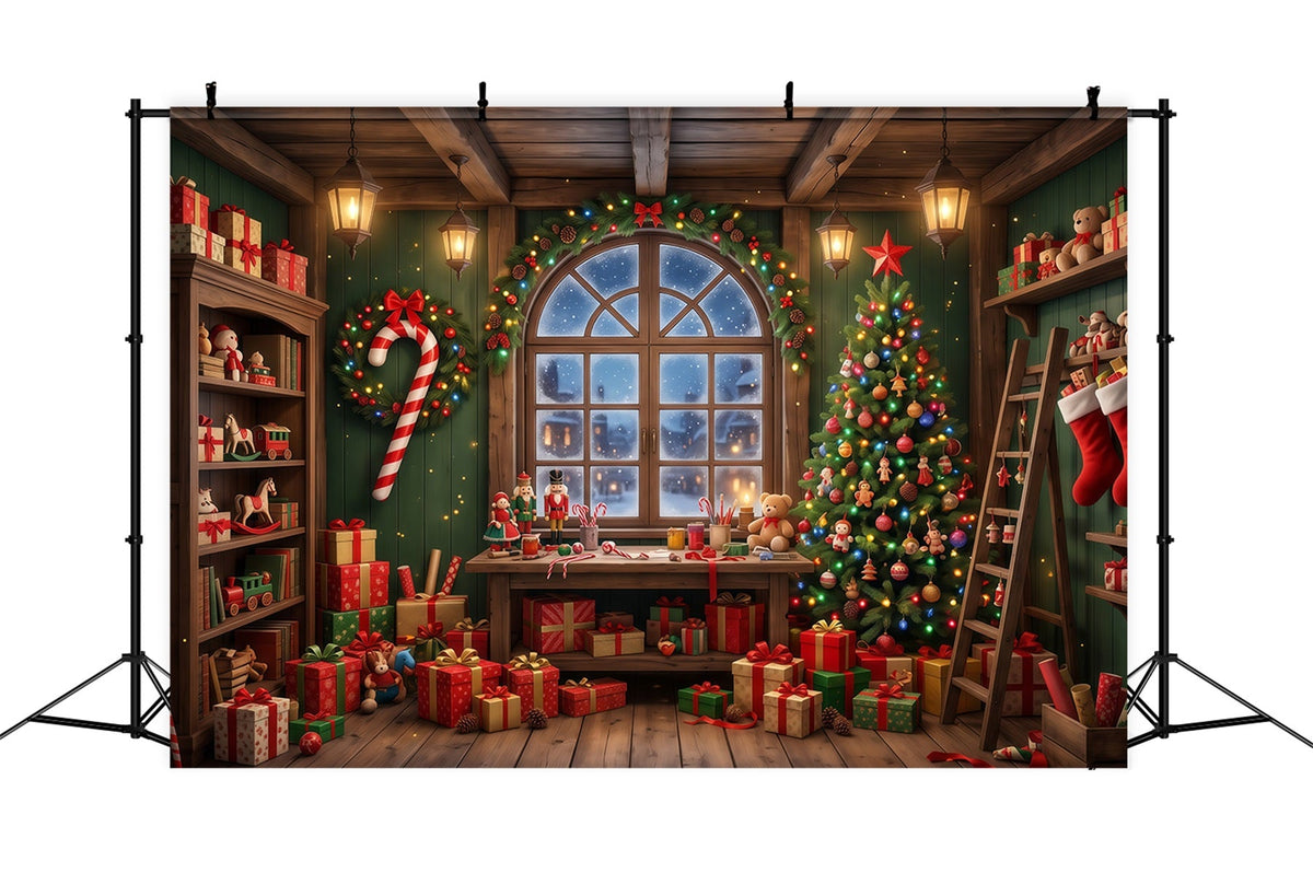 Santa-Hintergrund Festliches Spielzeugwerkstatt-Fenster RR610-82