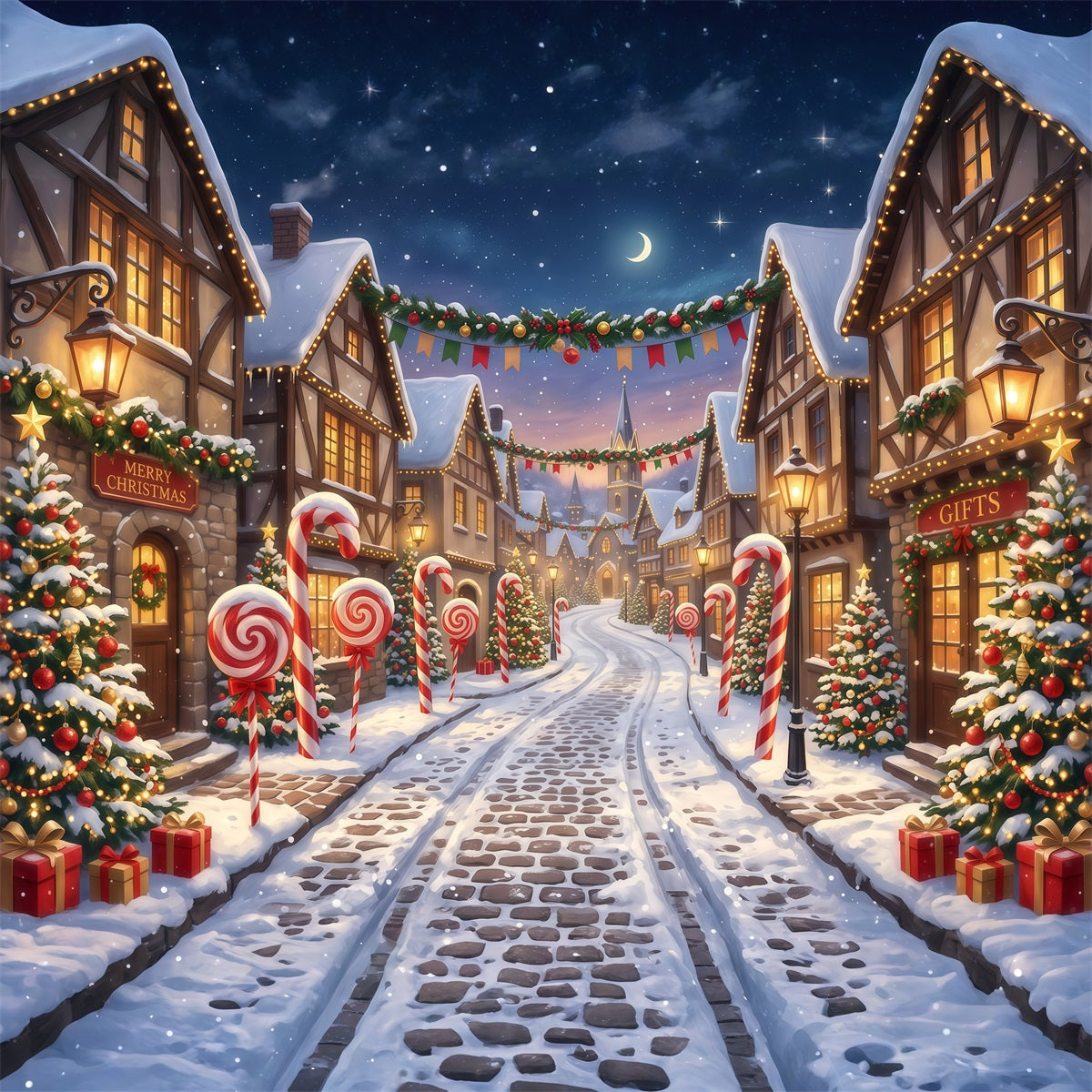 Weihnachtsdorf-Hintergrund Zuckerstangen Verschneite Straße RR610-94