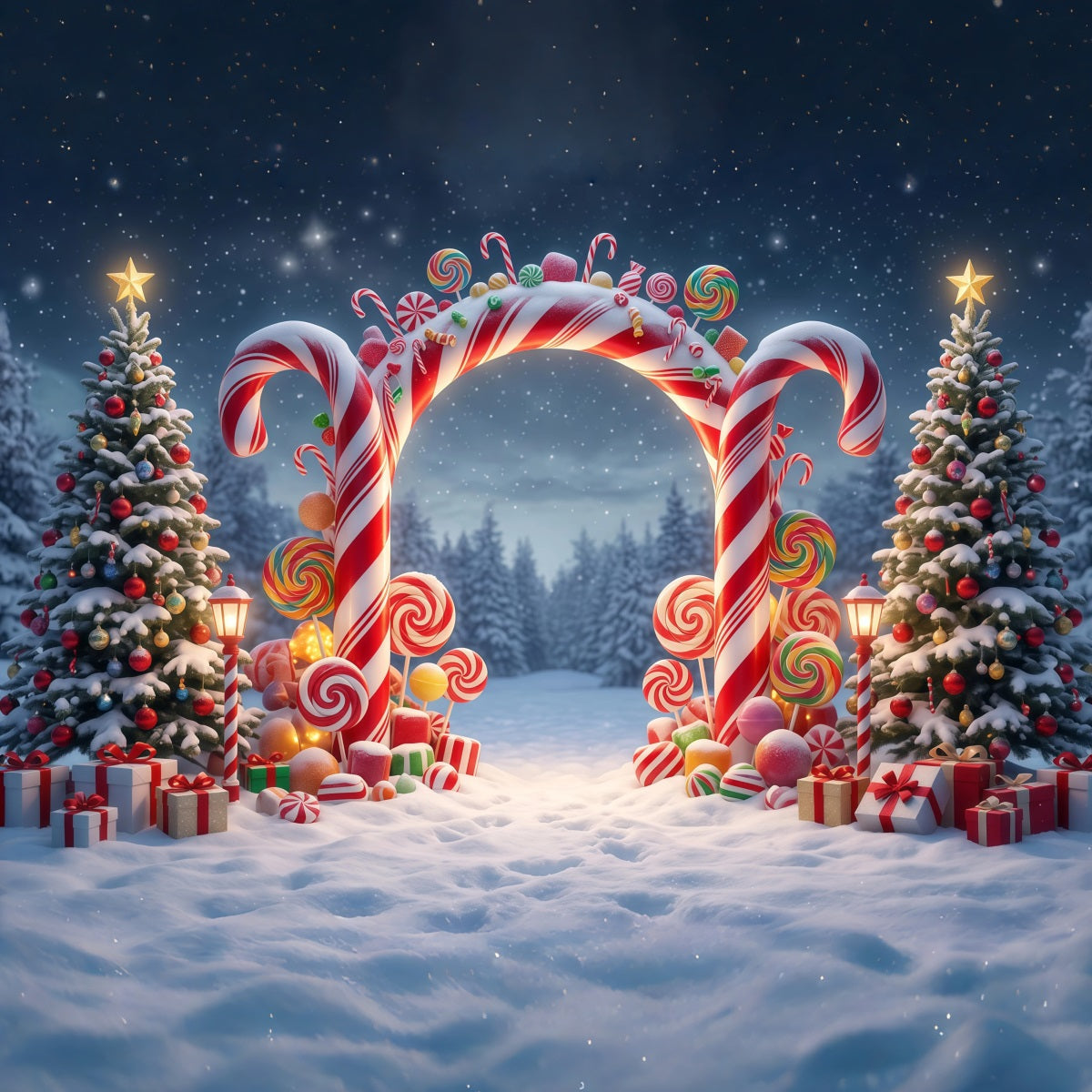 Weihnachtlicher Zuckerstangen-Hintergrund Verschneiter Wald Lutscherbogen RR610-98