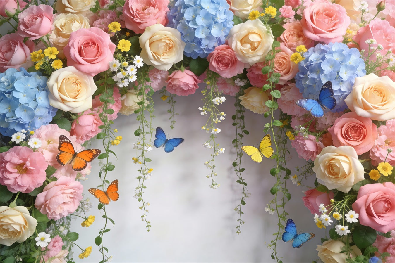 Hintergrund mit Schmetterlingen Pastellrosa Gänseblümchen Blumenbogen Blumengirlande als Hintergrund RR62-1