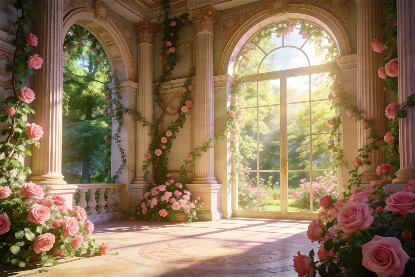 Rosengarten-Hintergrund Eleganter Palast Blumen Sonnenlicht Frühlingsfoto-Hintergrund RR62-20