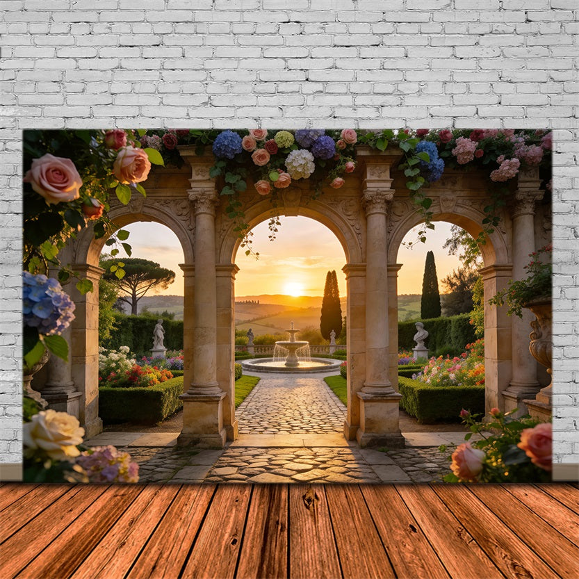 Hintergrund „Verzauberter Garten“ Sonnenuntergang Fenster Steinbogen Frühlingsbild-Hintergrund RR62-21