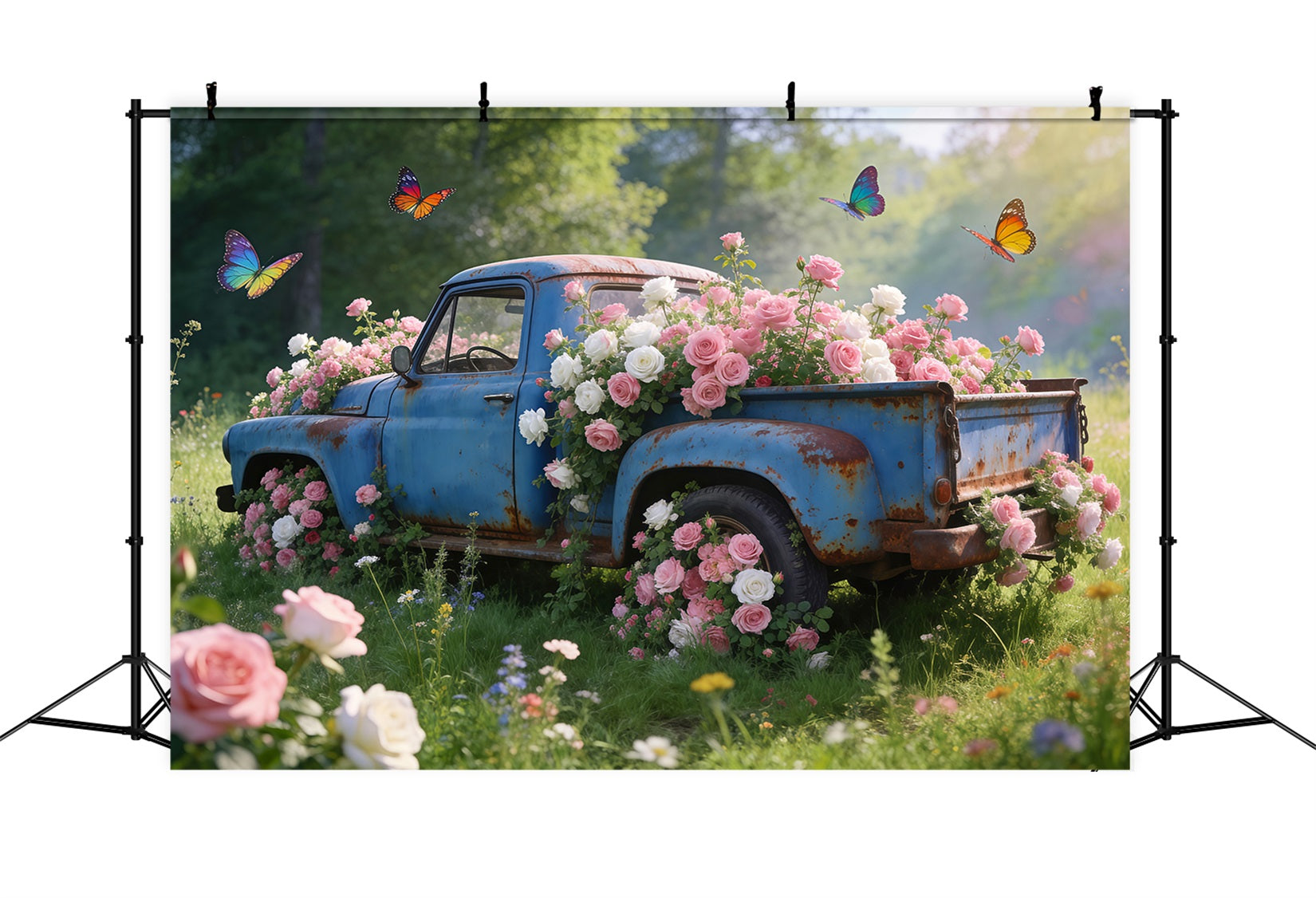 Wildblumen-Foto-Hintergrund Vintage-Blauer-Lkw Rosenwiese Frühlings-Themen-Hintergrund RR62-31