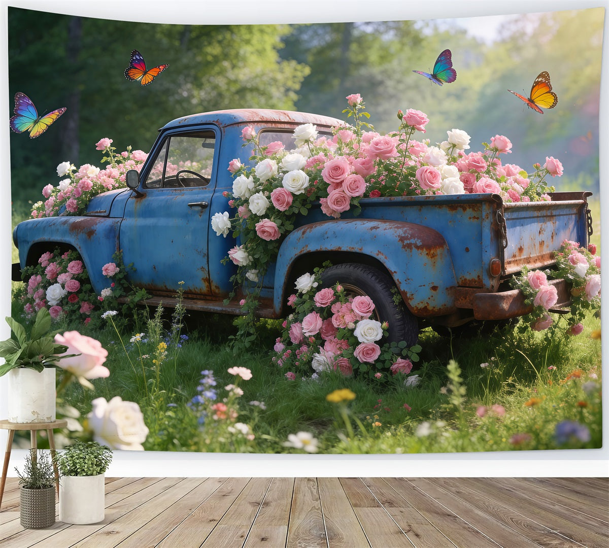 Wildblumen-Foto-Hintergrund Vintage-Blauer-Lkw Rosenwiese Frühlings-Themen-Hintergrund RR62-31