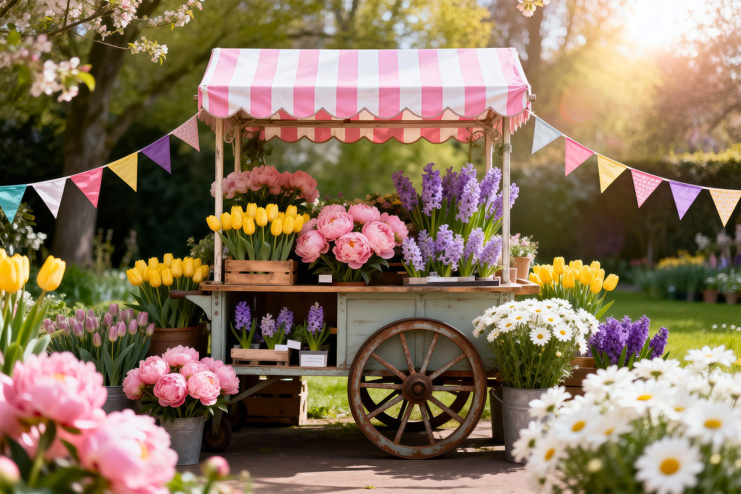 Gänseblümchen-Blumen-Hintergrund Frühlingsblumenmarkt-Karren Frühlings-Foto-Hintergrund-Ideen RR62-32
