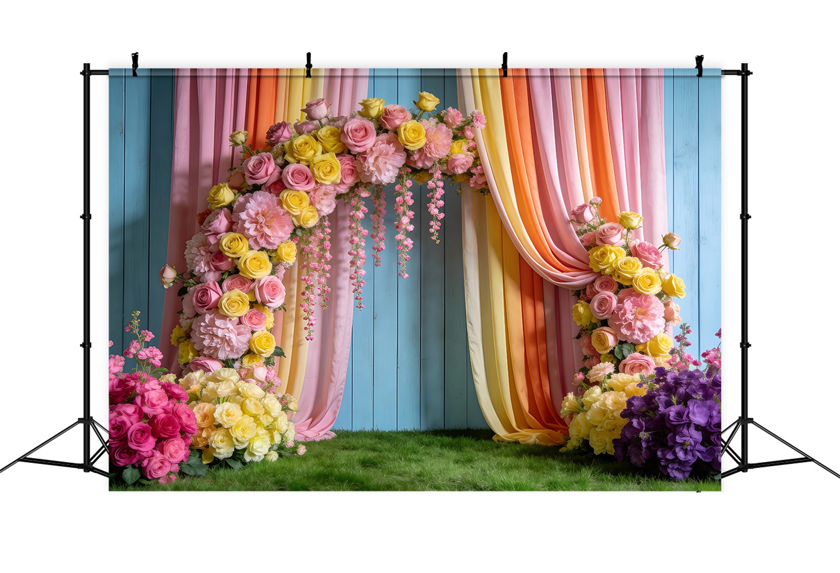 Frühlingshochzeit-Hintergrund Pastellfarbener Blumenbogen Blumengarten-Hintergrund RR62-37