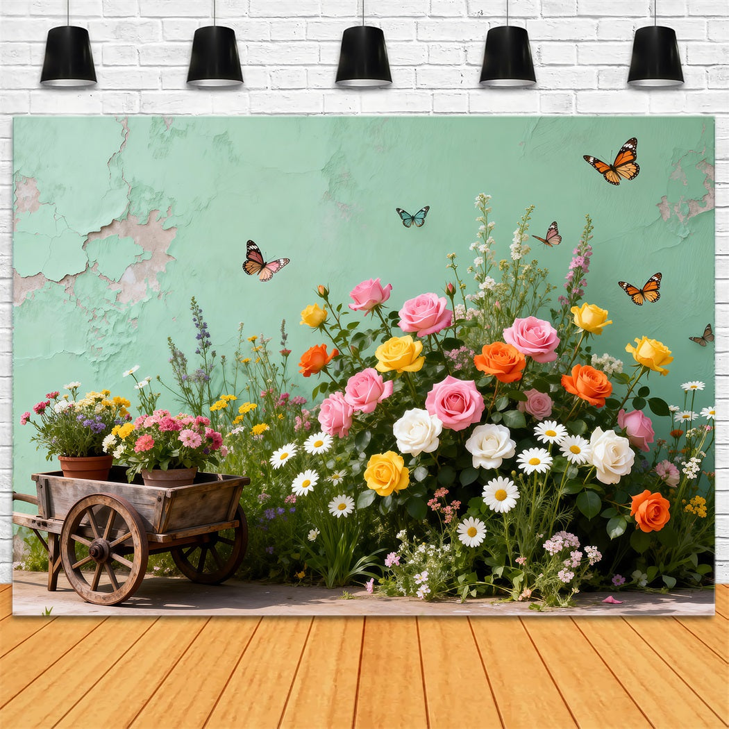 Schmetterlingshintergrund Vintage-Gartenwagen Blumen-Frühlingshintergrund für Fotos RR62-46