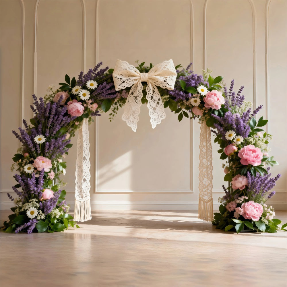 Gänseblümchen-Hintergrund Lavendel Gänseblümchen Spitzen-Schleife Blumenbogen Blumengirlanden-Hintergrund RR62-5