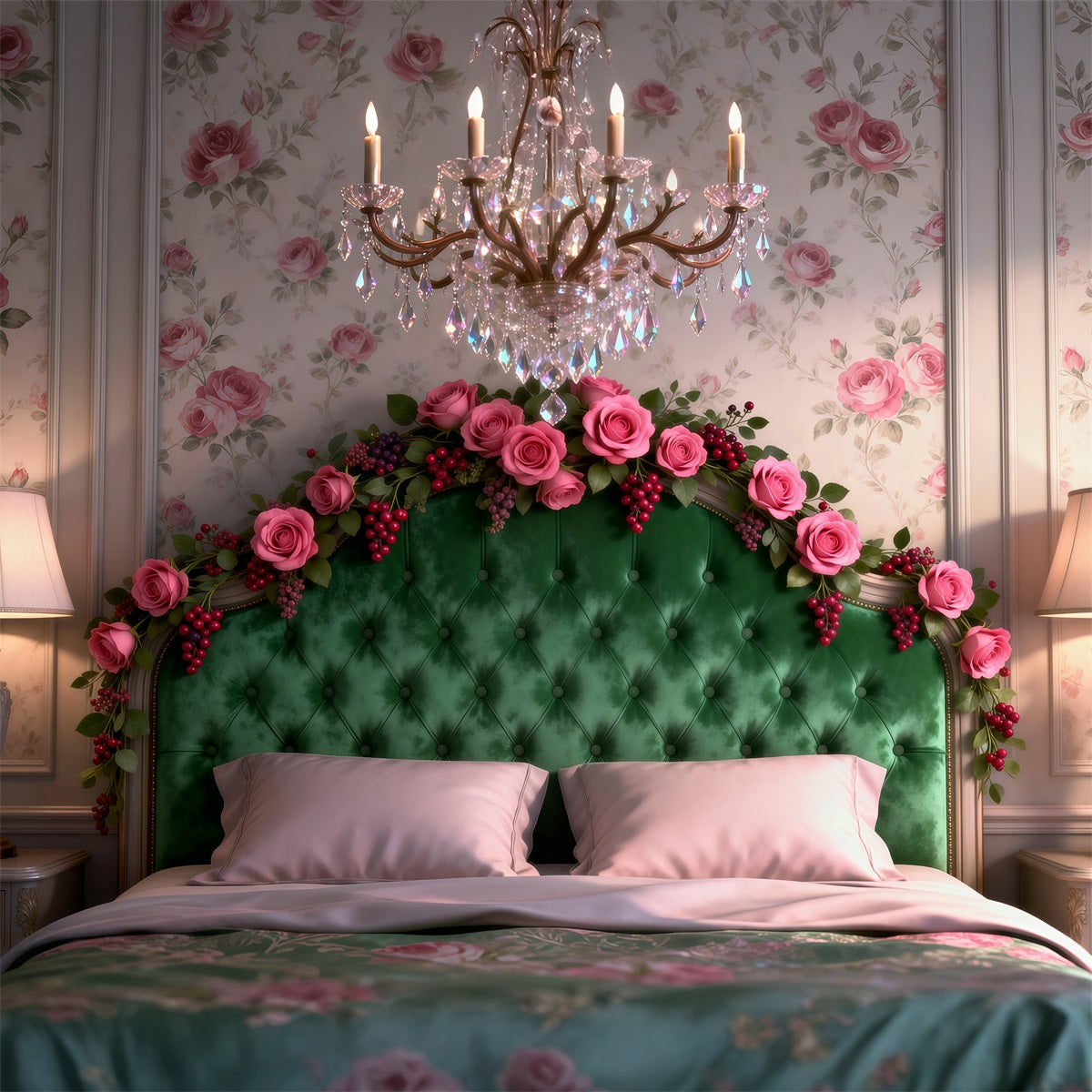 Boudoir-Hintergrund Emerald Rose Chandelier Elegance Kopfteil-Fotografie-Hintergrund RR62-52
