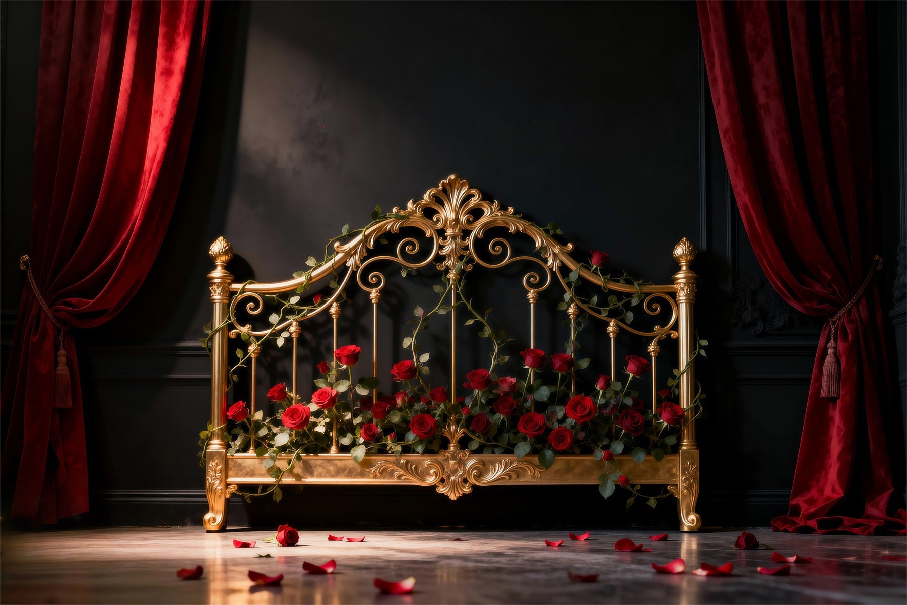 Boudoir-Kopfteil-Hintergrund Vergoldetes Rosen-Eisenbett Vintage-Wandhintergrund RR62-59